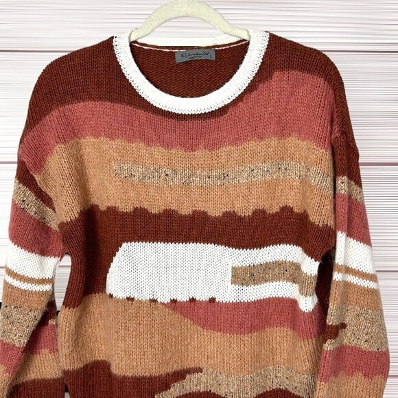 Elsamanda Italy Terracotta Rust White Crew Neck Wool Blend Воху Sweater L - Picture 3 of 12